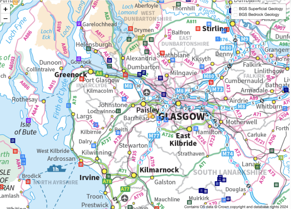 Map of west Central Scotland with towns and roads highlighted and showing symbols for Geosites